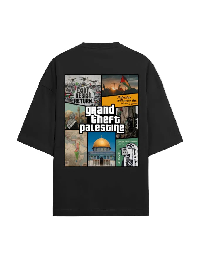 one5ive black oversized unisex t-shirt featuring a Grand Theft Palestine graphic print on the back in French terry