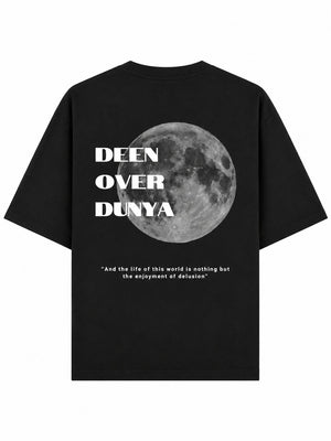 one5ive black oversized cotton t-shirt with Deen Over Dunya moon graphic print on the back