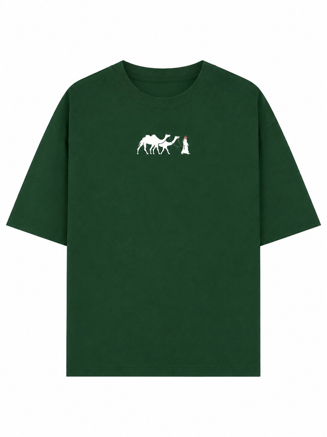 one5ive unisex oversized dark green cotton t-shirt featuring a small white camel and person graphic on the chest