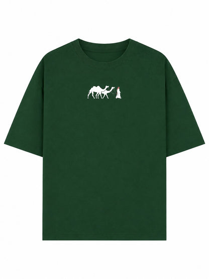 one5ive unisex oversized dark green cotton t-shirt featuring a small white camel and person graphic on the chest