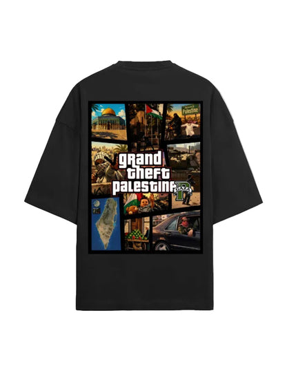 one5ive black oversized unisex t-shirt featuring a Grand Theft Palestine graphic print on the back