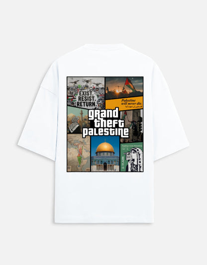 one5ive white oversized unisex cotton-polyester tee featuring a Grand Theft Palestine graphic print on the back