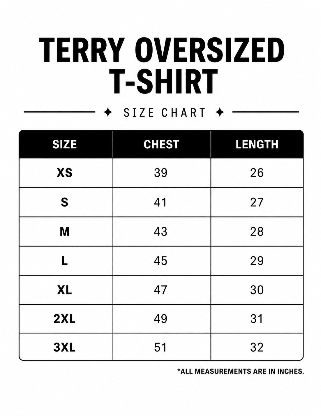 one5ive oversized t-shirt size chart with chest and length measurements in inches for sizes XS to 3XL