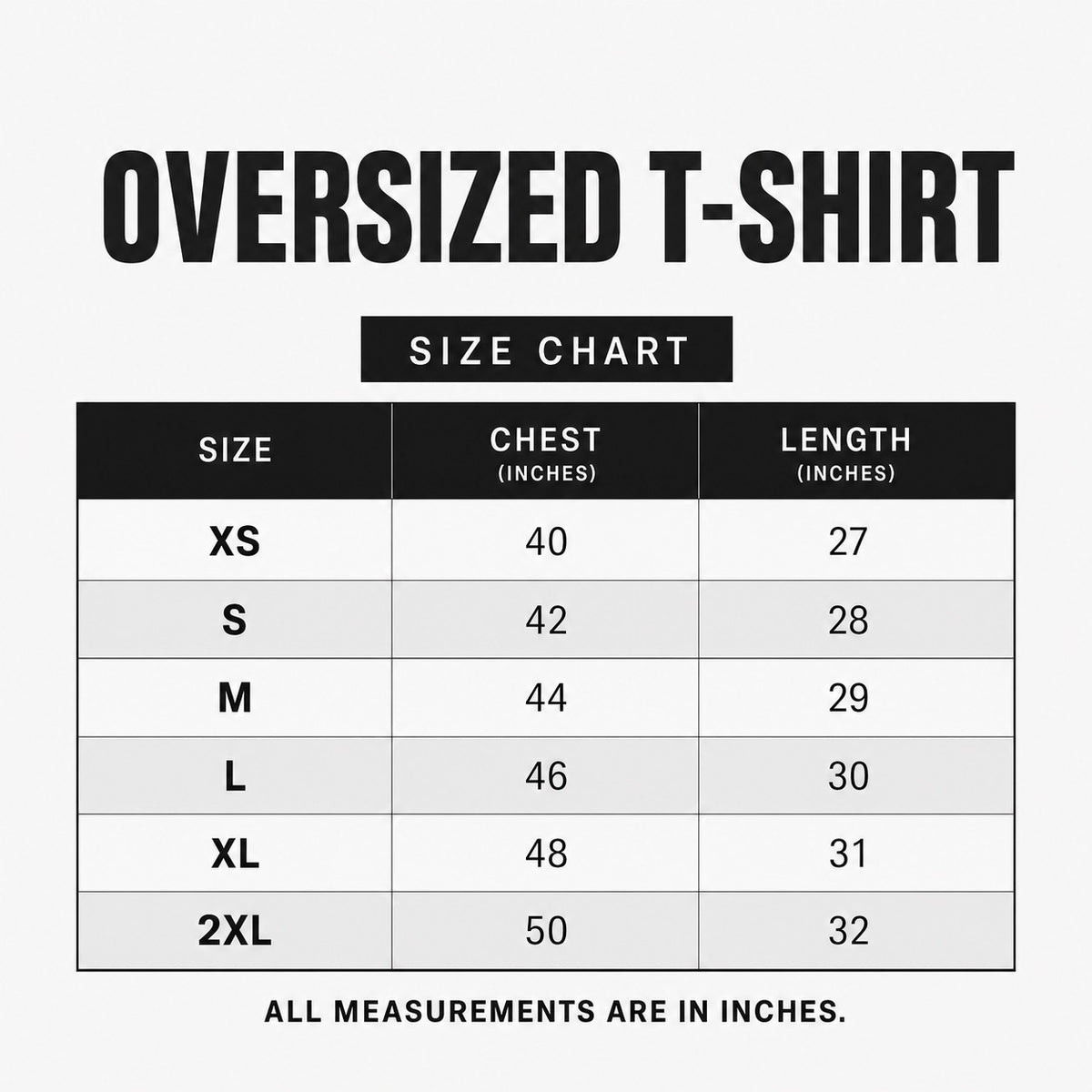 one5ive camel oversized t-shirt size chart showing chest and length measurements in inches for sizes XS to 2XL